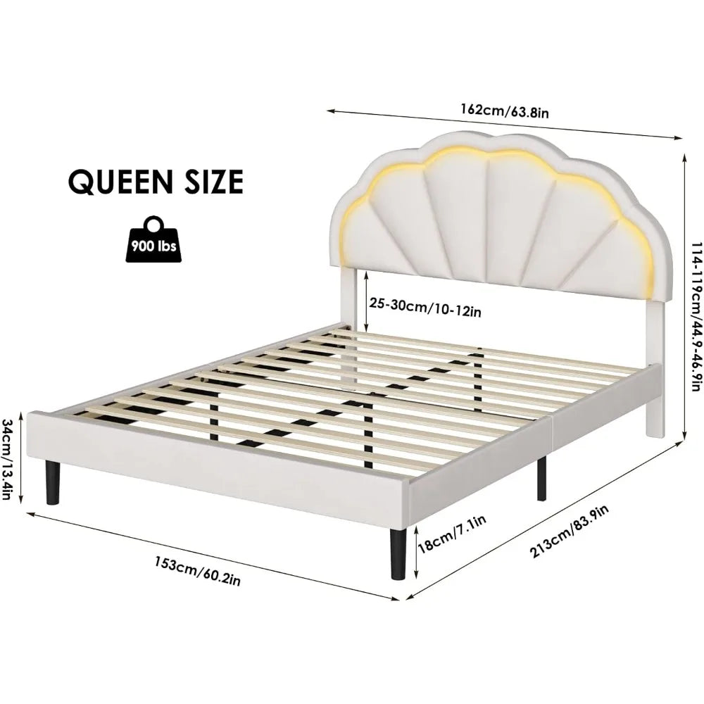 Queen Upholstered Smart LED Bed Frame with Adjustable Chic Petal Headboard, Soft Princess Queen Size Platform Bed Frame