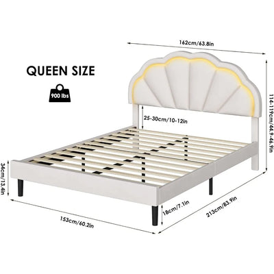Queen Upholstered Smart LED Bed Frame with Adjustable Chic Petal Headboard, Soft Princess Queen Size Platform Bed Frame