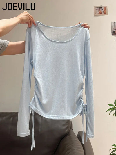 2025 New Summer Women's Light Blue Cooling Sun Protection Top Shirring Detail Loose Sheer Thin Blouse Y2k Korean Fashion Clothes