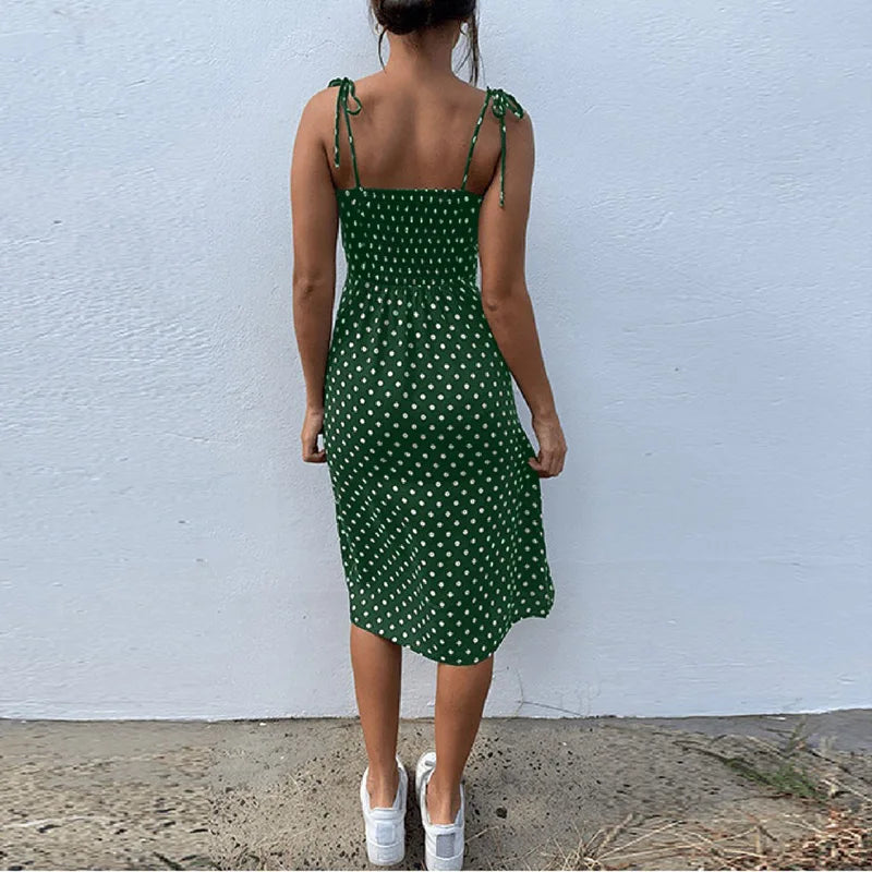 Dresses 2024 Sundress Summer Women Causal Polka Dot Sleeveless High Pleated elastic waist V-Neck Beach Dress Vestidos De Verano