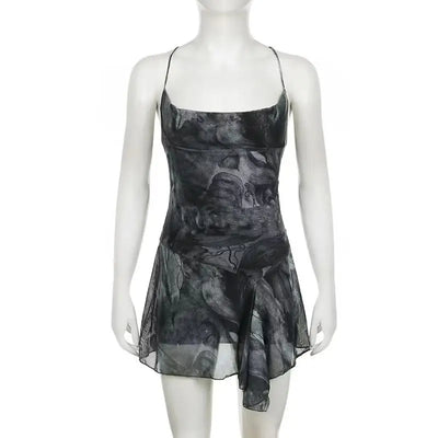 Women Print Mesh Mini Dress Streetwear Chic Sexy Backless Sleeveless Lace Up Cross Dresses A-line Vintage Holiday Y2k Clothing
