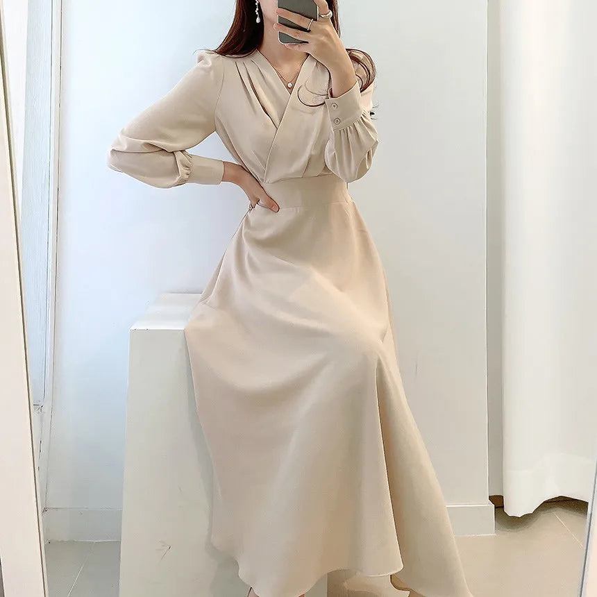 Jielur Harajuku V-neck Puff Sleeve A-line Maxi Dress Woman Solid Color Midi Robe Korean Office Dresses Elegant Spring Dress Lady
