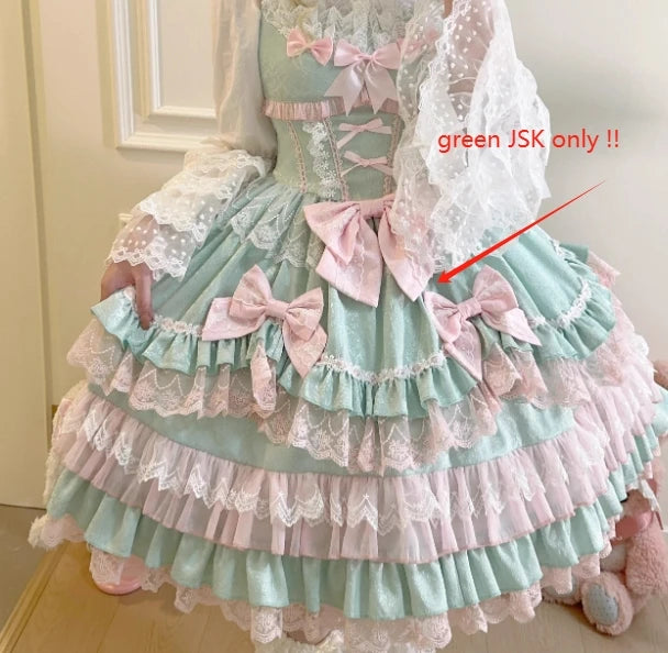 Original Lolita Dress Set Doll Feeling Girl Women's Sweet Jsk Suspender Dress Princess Fairy Lace Bow Sling Cake Dresses
