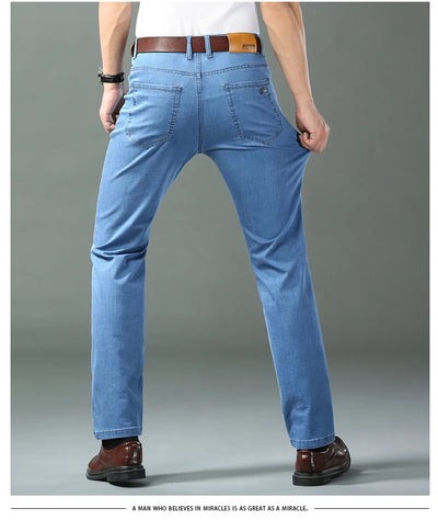 Spring/summer Thin Denim Straight Cotton Stretch Jeans Men Business Casual Cloth High Waist Ice Silk Lightweight Trousers