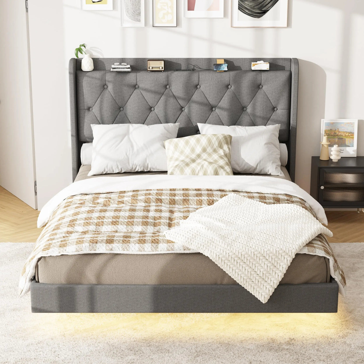 Vabches Floating Queen Bed Frame with Storage Headboard Linen Fabric Upholstered Platform Bed Frame with LED Light&Power Outlet