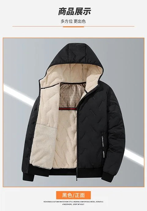 2024 Winter Fashion Sports Plus Fleece Thick Warm Jacket Men's Casual Loose Comfortable Plus Size Hooded Cotton-Padded Jacket