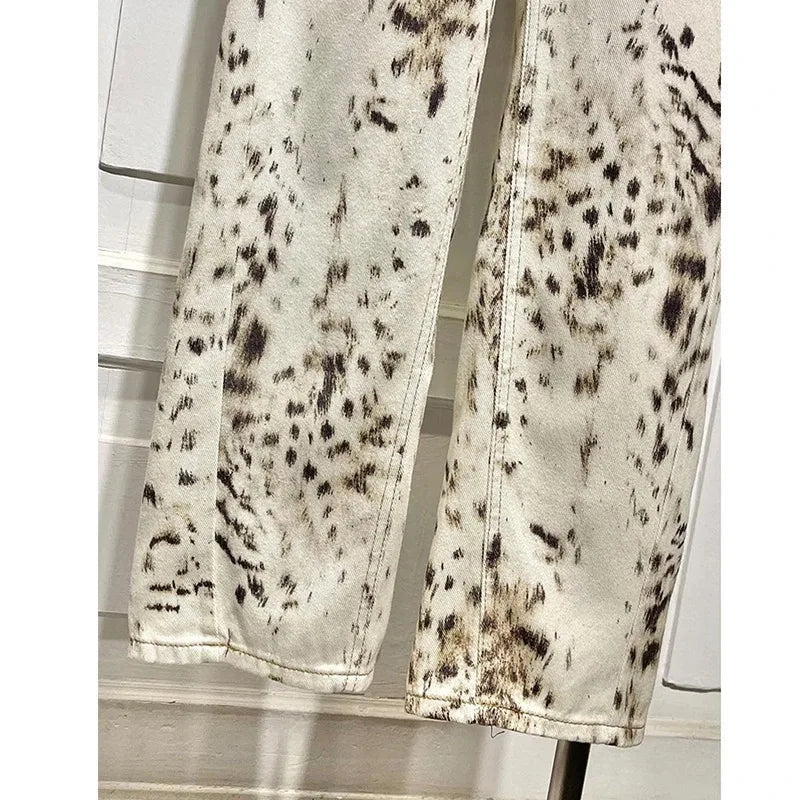 Leopard Print Straight Wide Leg Jeans Women High Waisted Retro Jeans Streetwear Y2k Vintage Pants High Street Denim Trousers