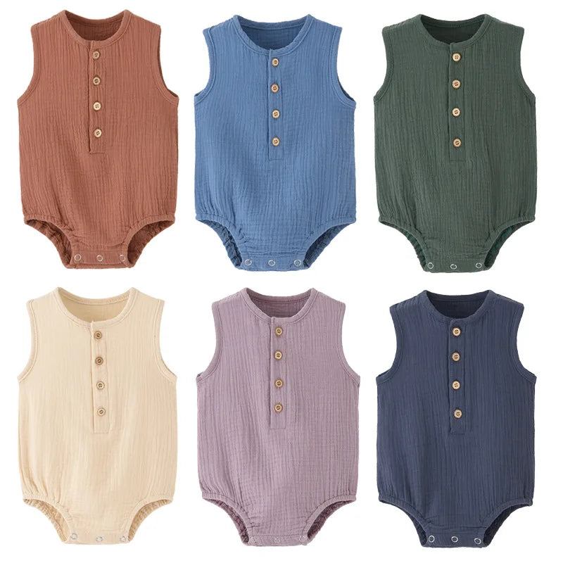 Summer Baby Boy Girl Rompers Muslin Cotton Sleeveless Infant Romper Toddler Jumpsuit Solid Color Newborn Baby Clothing Pajamas
