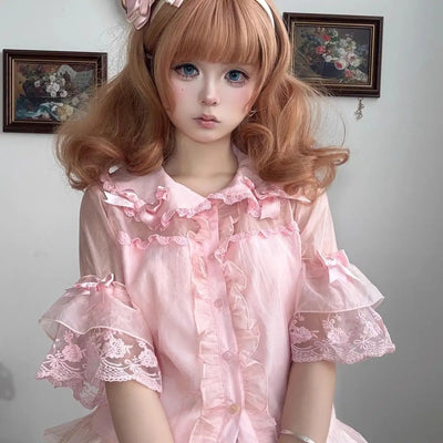Lolita Shirt Women Preppy Style Sweet Blouses Cute Peter Pan Collar Lace Ruffle JK Shirts Girls Short Sleeve Blusas Chic