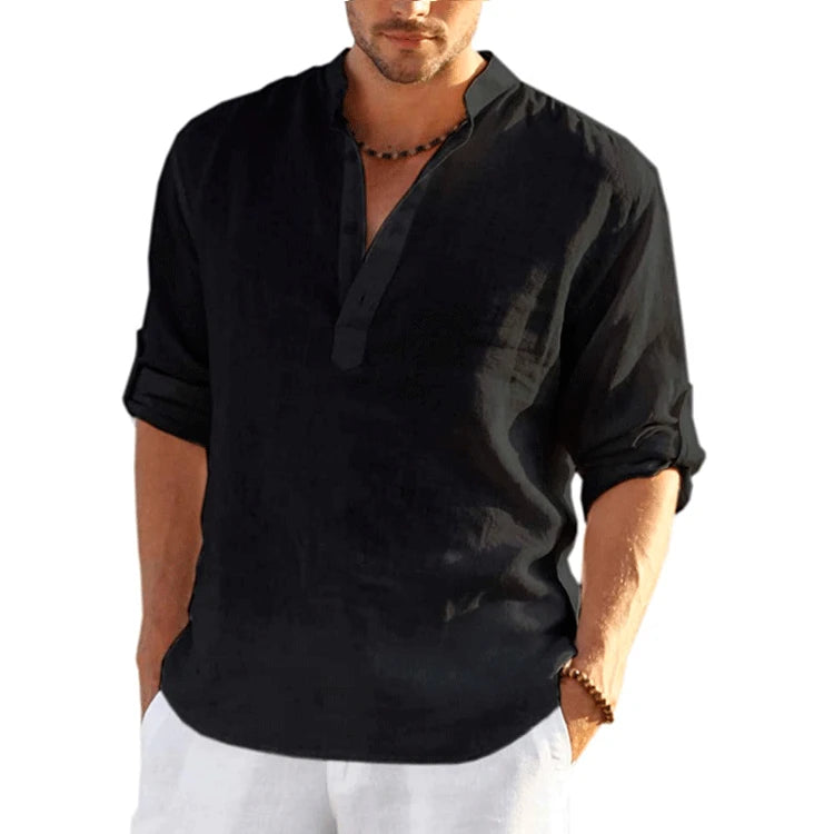 Men Cotton Linen T-shirts Summer V Collarless Long Sleeve Solid Sand Beachwear Office Man Tee Shirt Tops BSDFS-ZT167