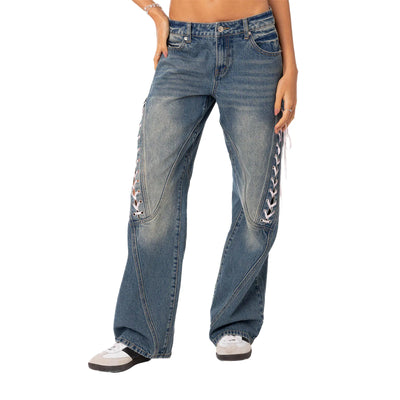 Women's Spring Summer Baggy Pants Mid Waist Loose Side Bandage Wide Leg Denim Pants