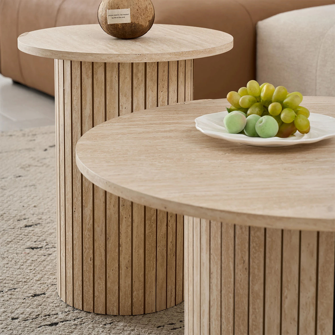 Set of 2 Nordic Style Wooden Round Coffee Table Set, Wooden Nesting Coffee Table, for Living Room/Bedroom Furniture