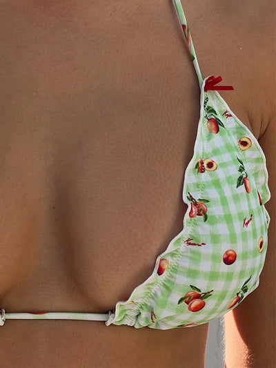 2 Pcs Swimsuit Women's Fruit Print Halter Bra with Low Waist Lettuce Edge Trim Thong Summer Bikini Set
