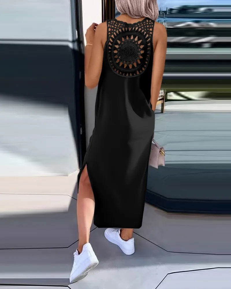 Hollow Out Solid Long Dress Women Fashion Sleeveless O-neck Maxi Dresses For Women 2024 Summer Women's Slim Split Vestidos Black