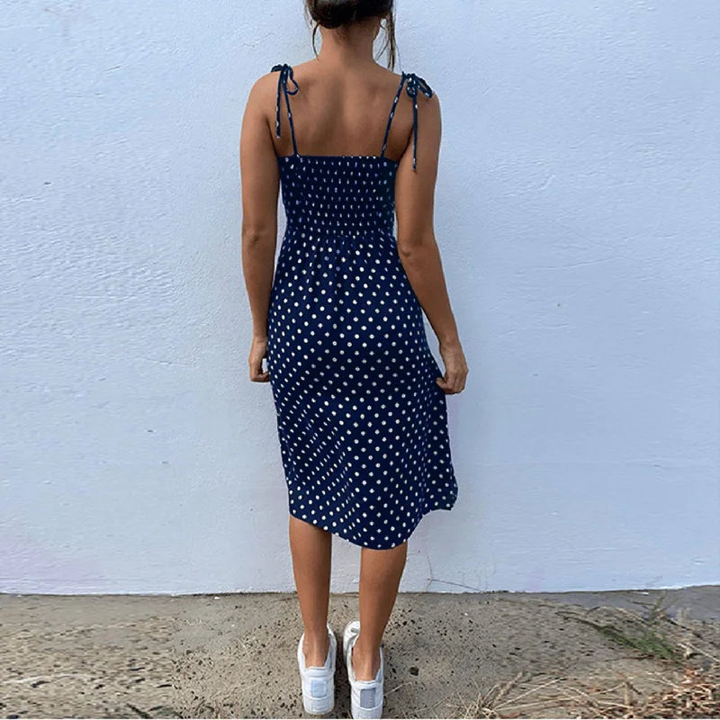 Dresses 2024 Sundress Summer Women Causal Polka Dot Sleeveless High Pleated elastic waist V-Neck Beach Dress Vestidos De Verano