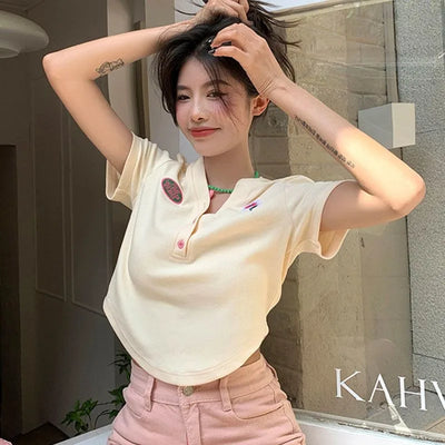 Women's Slim Short-sleeved T-shirt Sexy Pure Desire Wind Spice Girls V-neck Tops Cotton Summer Slim Chic Short Comfortable Top