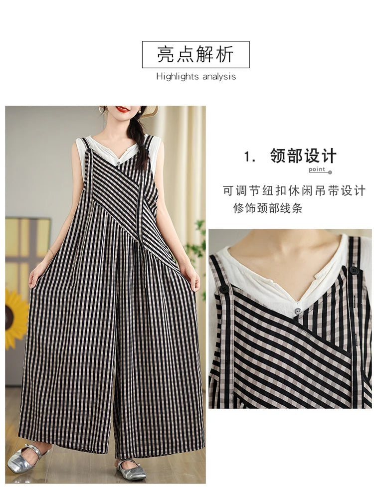 Oversized Summer Plaid Print Jumpsuit Women Wide Leg Loose Pleated Fashion Ladies Jumpsuits V-Neck Sleeveless Woman Jumpsuits