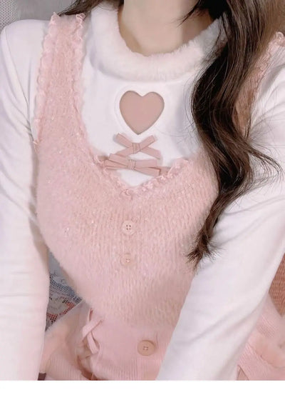 Y2k Aesthetic Heart Hollow Out T-shirts Casual O Neck Bow Patchwork Slim Tee Shirts Femme Puff Sleeve Kawaii Sweet Harajuku Tops