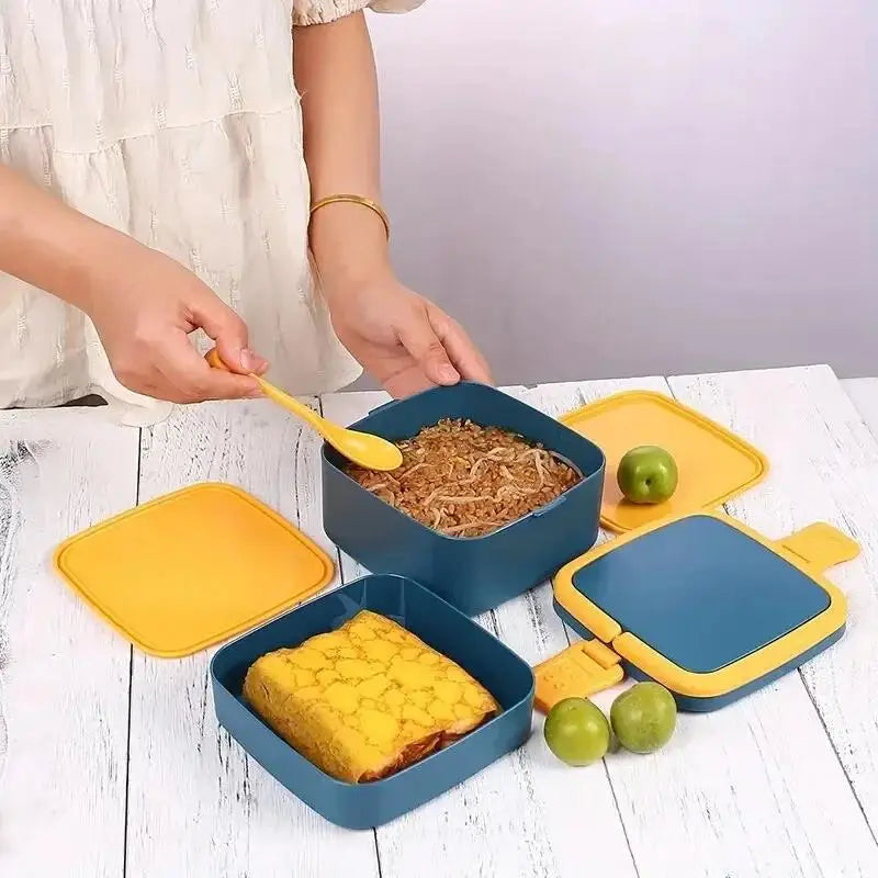 Fashion Morandi Color Portable Double Layered Lunch Box Student Lunchbox Plastic Microwave Preservation