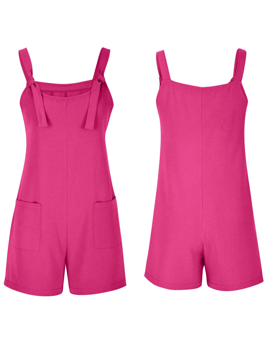 2025 Summer Women's Jumpsuit Overalls Short Loose Sleeveless Wide Leg Overall Solid Casual Romper with Pockets