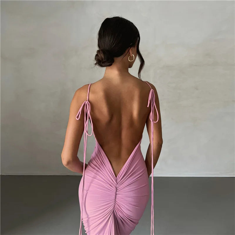 Summer sexy pleated solid color strap with perspective high slit backless sleeveless long skirt