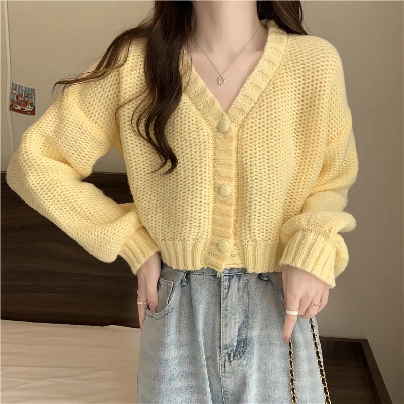 EVNISI Women Slim Sweater Cardigan V-Neck Button Up Casual Solid Knitting Sweater Coat Sweet For Women Cardigan Coat Autumn 2023