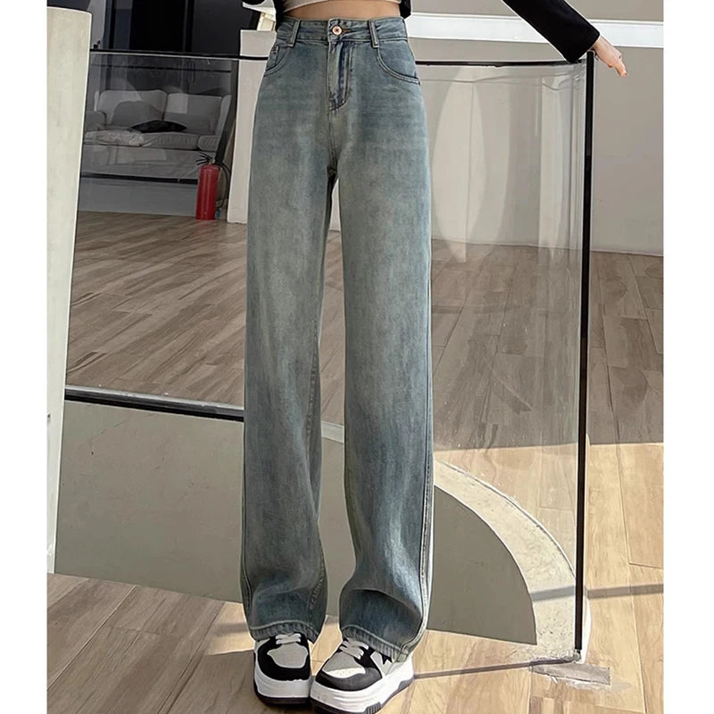 Woman High Waist Stacked Straight Leg Jeans Female Gothic Loose Wide Leg Pants Girls Y2k Black Blue Light Blue Denim Trousers