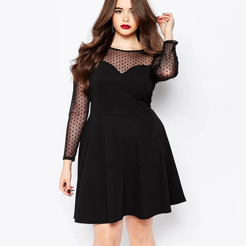 Plus Size Elegant A-line Dress Women Dot Print Long Mesh Sleeve Spring Autumn Fit And Flare Knee Length Office Party Dress 6XL