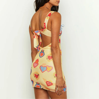 Women's Summer Bodycon Dress Sleeveless Square Neck Heart Print Mini Dress Tie Back Dress