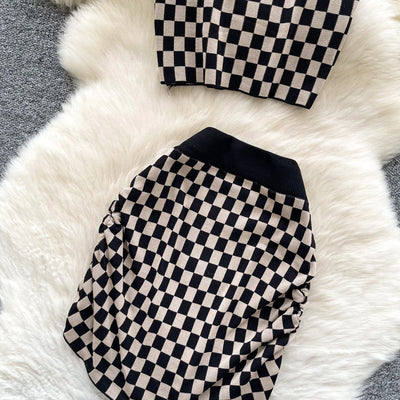 2025 New Vacation Style Plaid Suits Women Strapless Hotsweet Mini Tops+High Waist Bodycon Skirt Fashion Casual Knitted Sets
