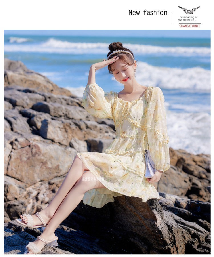 2025 Spring New Arrival Women's Spring Floral Dress Silm Fashion Waist-Controlled Long Sleeves Seaside Vacation Chiffon Skirt