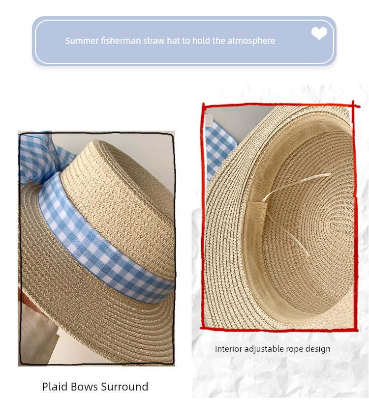 Straw Hat Japanese Style Women's Spring Summer Outing Plaid Bows
