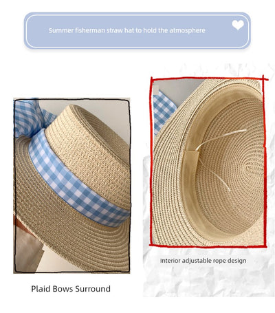 Straw Hat Japanese Style Women's Spring Summer Outing Plaid Bows
