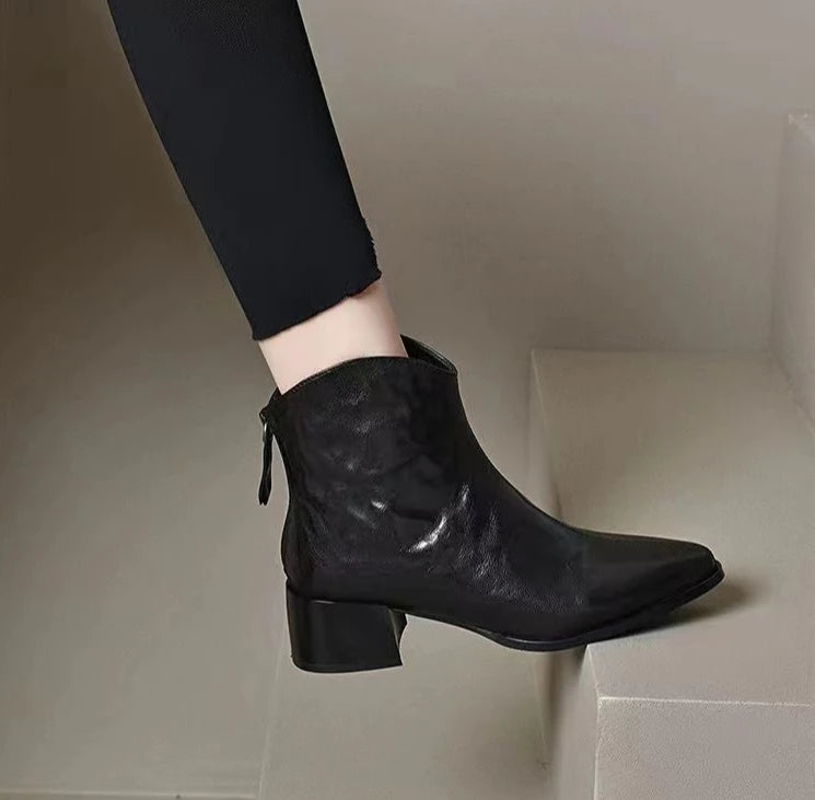 Female Short Shoes Pointed Toe Brown Fur Leather Booties Elegant with Medium Heels Women's Ankle Boots Sale Y2k Autumn Chic Boot