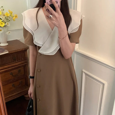 Women Summer Vintage Long Wrapped Dress 2024 New Female Double Layer Ruffled Collar Lacing Up Slim Waist Sundress