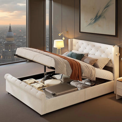 Double bed, 140x190 cm, equipped with LED strip and USB port, with a hydraulic storage chest, velvet fabric