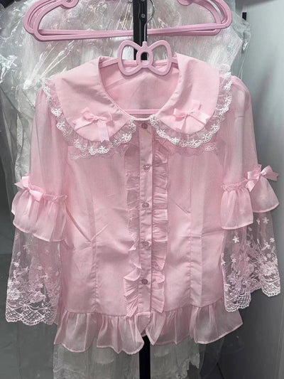 Lolita Shirt Women Preppy Style Sweet Blouses Cute Peter Pan Collar Lace Ruffle JK Shirts Girls Short Sleeve Blusas Chic