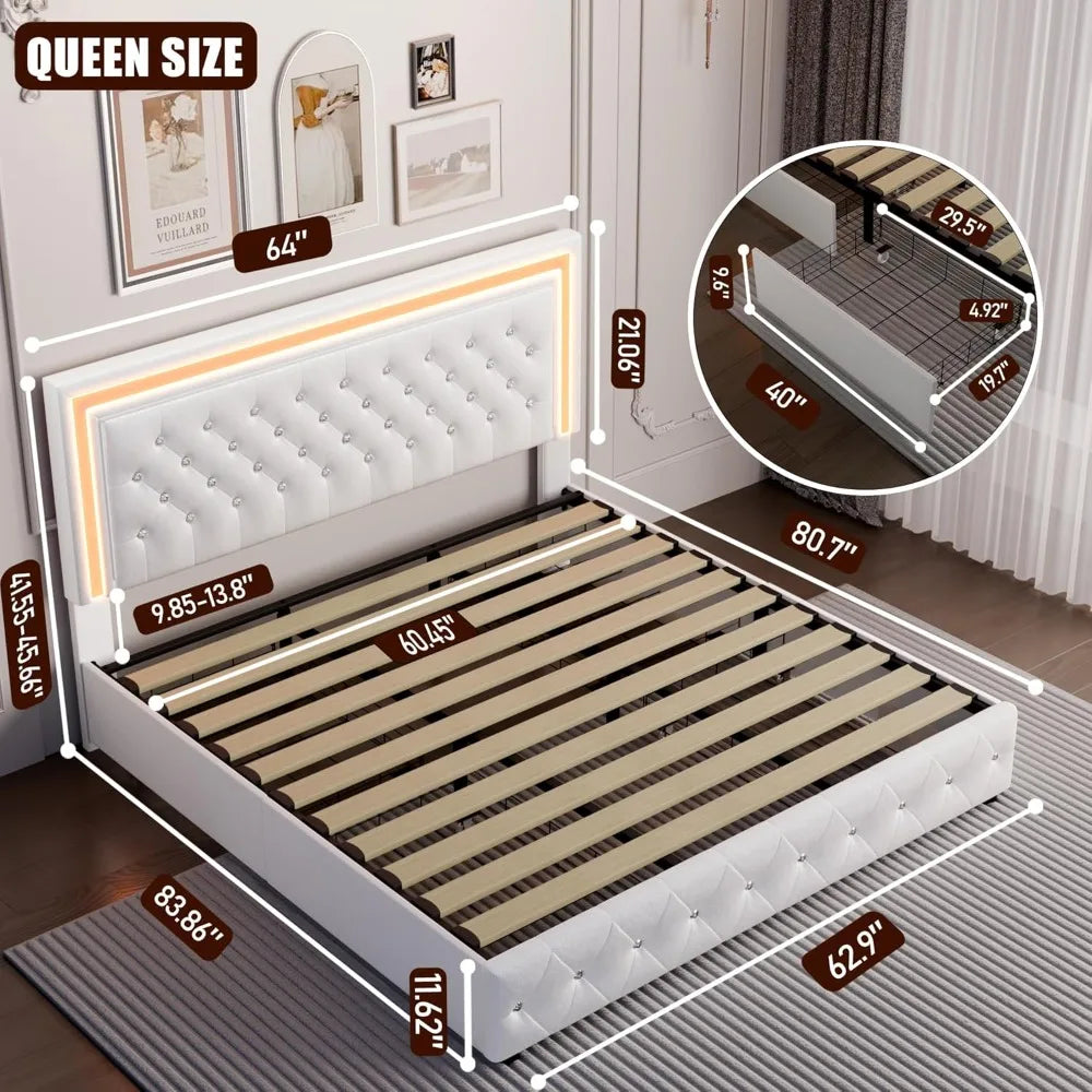 Queen LED Bed Frame, Upholstered Bed with 4 Drawers, Adjustable Upholstered Headboard Diamond Bed Frame, No Box Spring Needed
