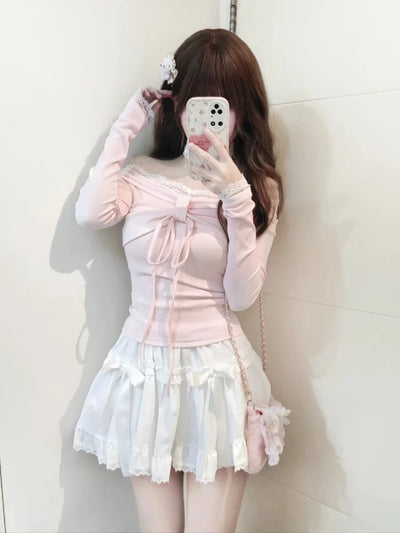Design Sweet Off Shoulder Pink T-Shirts Women Elegant Kawaii Slim Long Sleeve Lace Tops Female Fashion Lovely Skinny Outfits New