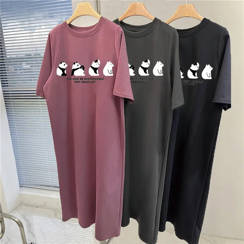 Childlike and cute four panda print short-sleeved dress for women summer and autumn new oversized loose round neck home dress