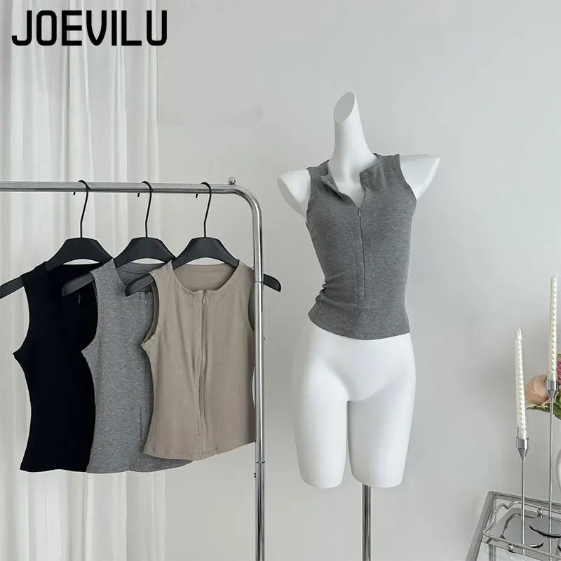 Women's Sleeveless Zip-Up Crop Top Korean Style Slim Fit Summer Vest Sexy Casual Camisole for Women Fashion Streetwear Basic Tee
