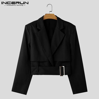 Fashion Well Fitting Tops INCERUN New Men Deconstruct Metal Buckle Suit Coat Casual Streetwear Cropped Long Sleeved Blazers 2025