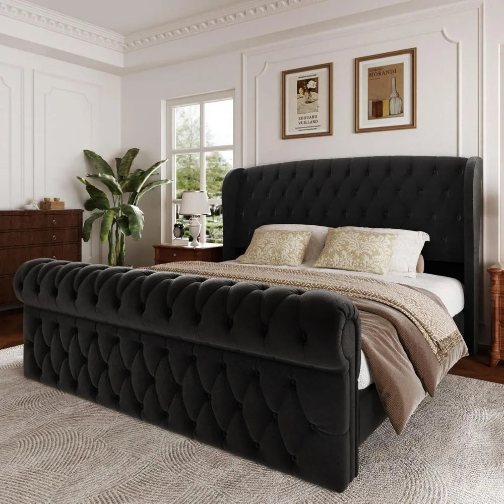 Platform Bed Frame, Chenille Upholstered Sleigh Bed with Scroll Wingback Headboard & Footboard, 52" Tall Headboard