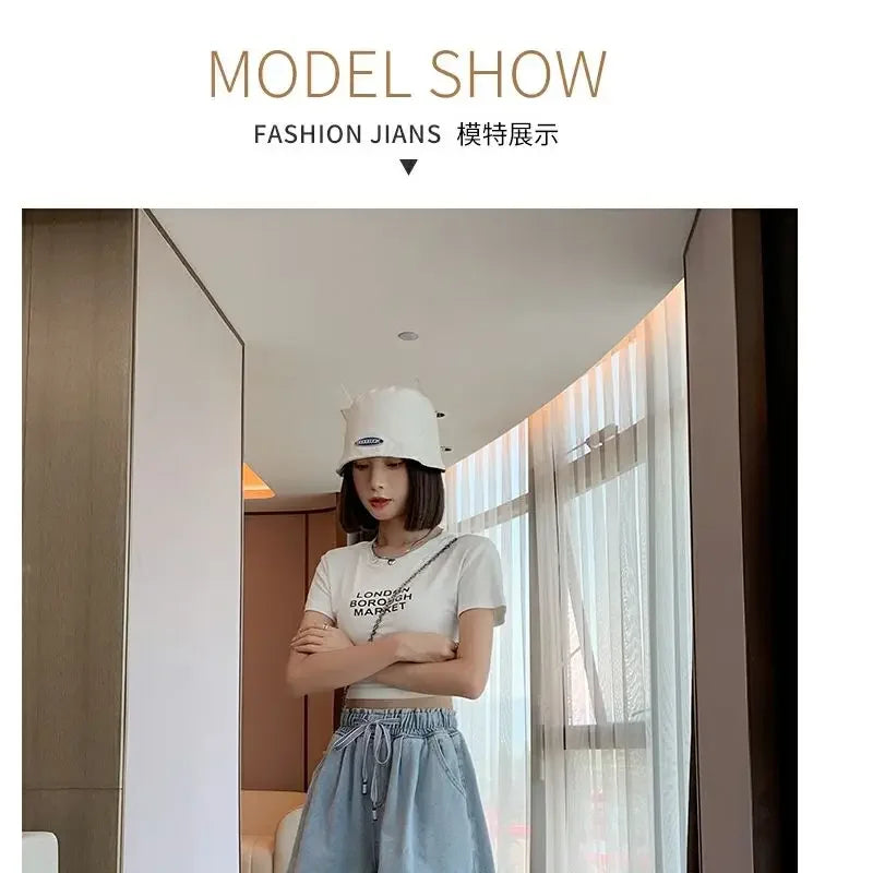 Korean Simplicity High Waist Wide Leg Denim Shorts Fashion Women's Clothing Summer Female All-match Loose Drawstring Shorts