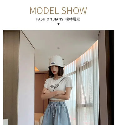 Korean Simplicity High Waist Wide Leg Denim Shorts Fashion Women's Clothing Summer Female All-match Loose Drawstring Shorts