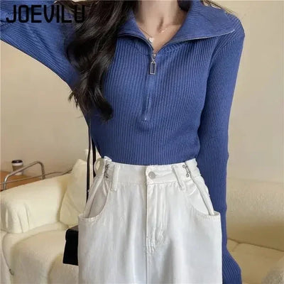 Zip Half Open Collar Knitted Sweater Spring and Autumn Long Sleeve Slim Bottom Shirt Women's Chic Top Pullover Y2k Korean Pulls
