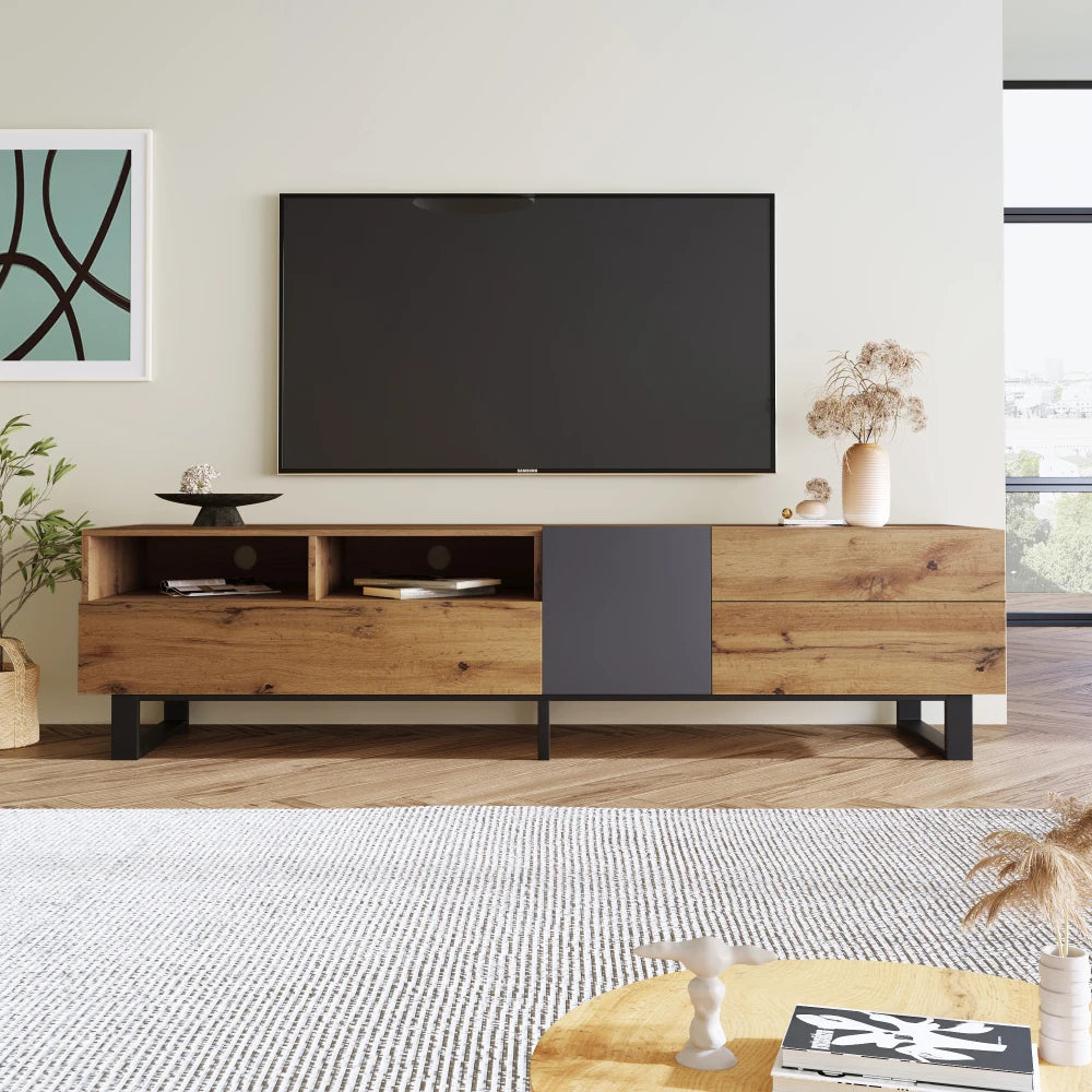 180cm Modern TV Cabinet w/Wood & Grey Contrast - Open Storage w/Black Iron Base