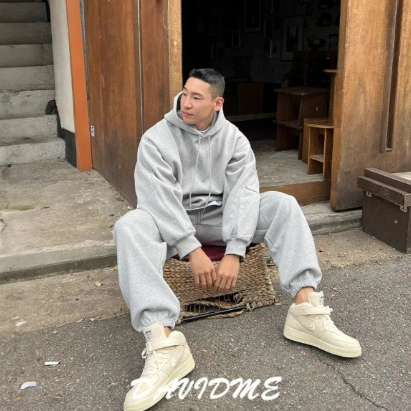 Hooded Sweatshirt Men's Autumn Winter Velvet Two-piece Set American Oversize Loose Casual Sweatpants Suit Aesthetic Streetwear