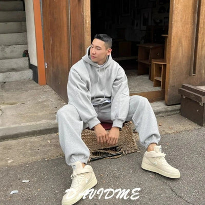 Hooded Sweatshirt Men's Autumn Winter Velvet Two-piece Set American Oversize Loose Casual Sweatpants Suit Aesthetic Streetwear