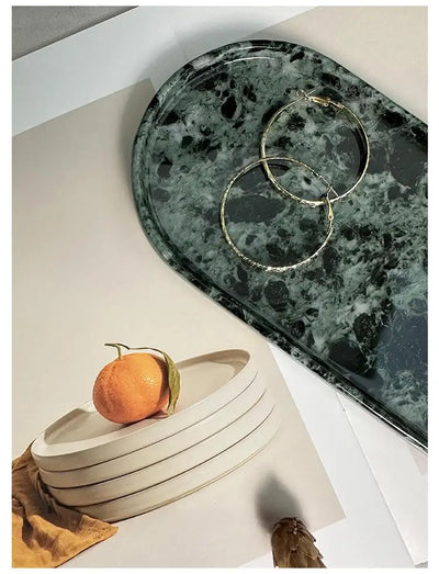 Luxury Green Marble Oval Tray: Bathroom Organizer & Fruit Serving Platter, Waterproof Stone Decor for Hotel Spa Home Kitchen